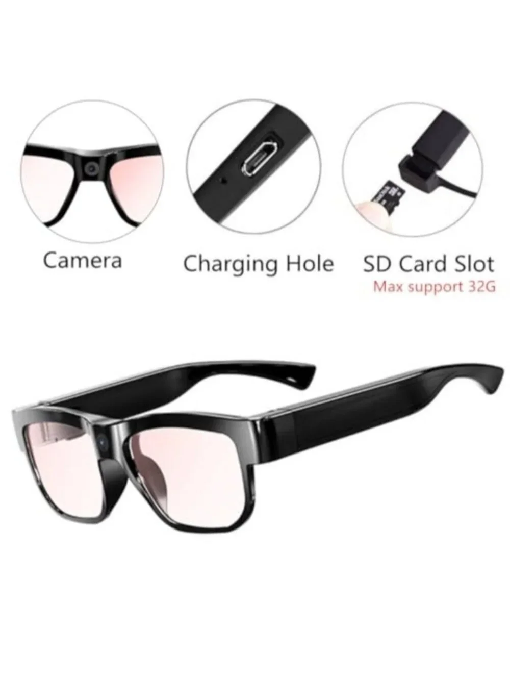 Camera Glasses Smart Glasses with Camera Outdoor Video Recording Wearable Black